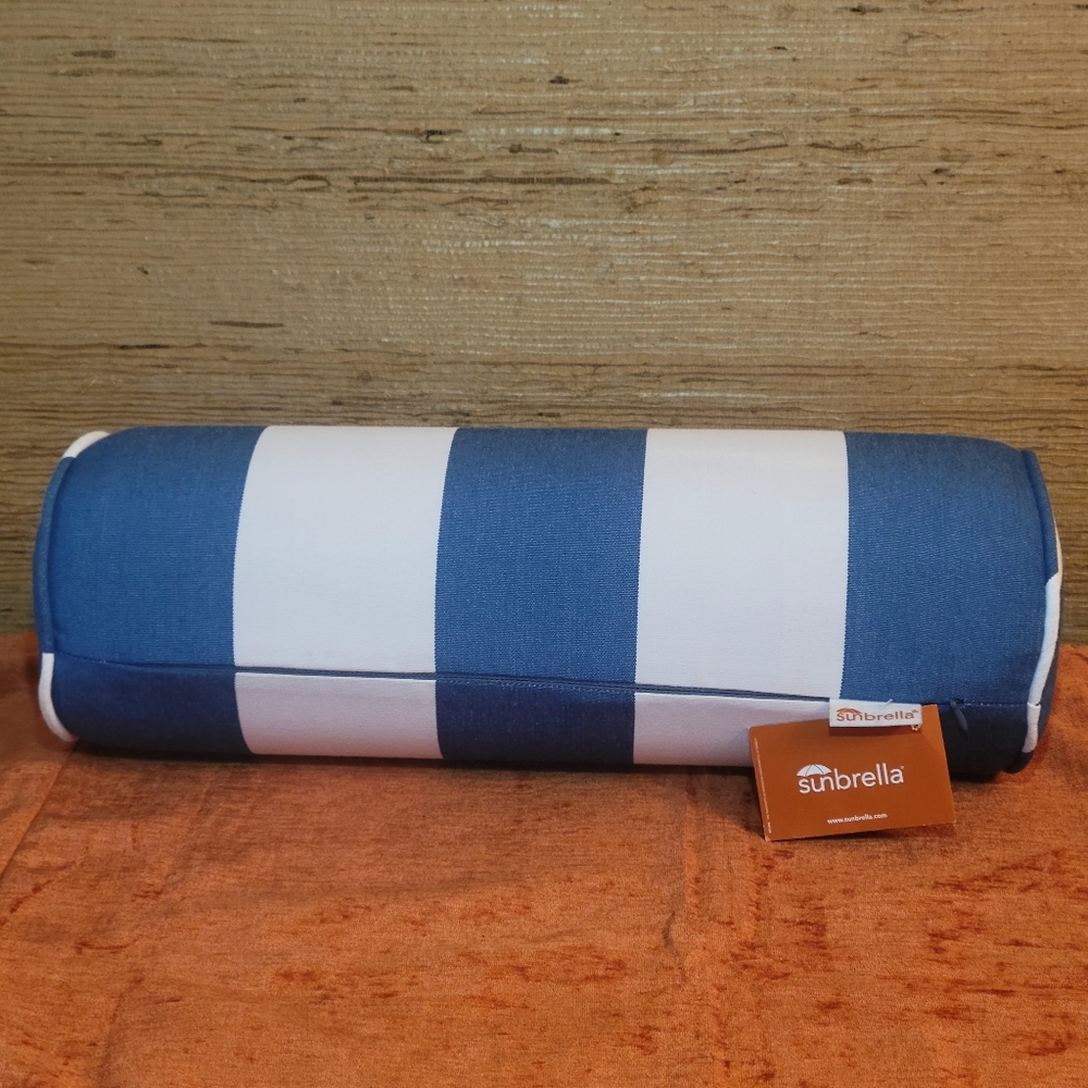 New Outdoor Sunbrella Neck Roll Bolster Pillow Water Resistant Blue & White - Picture 13 of 16